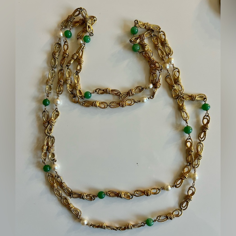 Long Vintage Necklace with cool links and pearl and jade beads